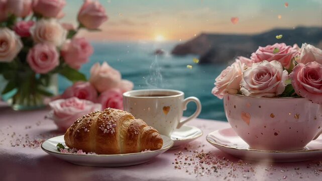 A cup of hot coffee and corned beef bread on the table with a beautiful beach background. Seamless 4K looping timelapse video animation generated AI