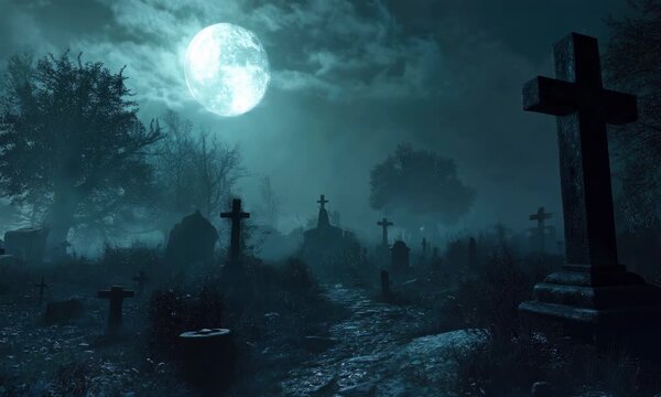 Spooky graveyard scene with full moon and foggy atmosphere