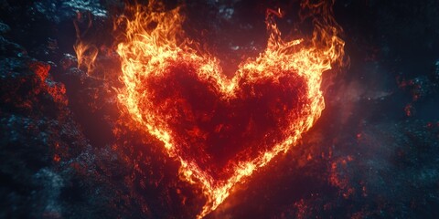 A burning heart on a dark background