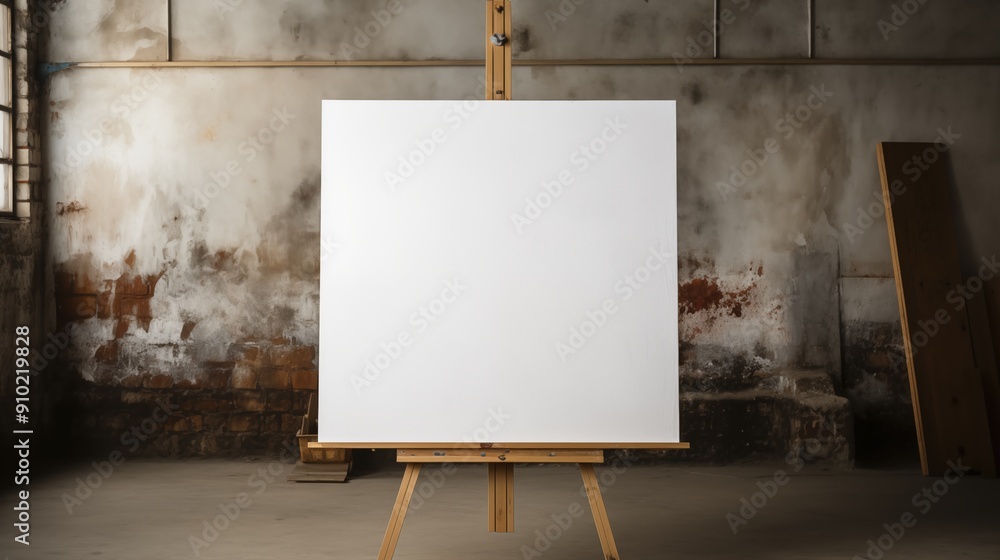 Poster a blank canvas on an easel mockup in a rustic, dimly lit art studio. the walls are textured with pee