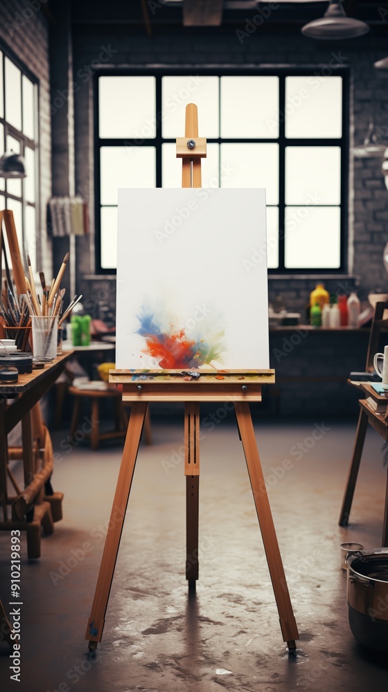 Poster an empty canvas on an easel mockup in an artist's studio, surrounded by art supplies. the canvas has