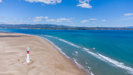 Nice drone view of the lighthouse beach of the Ebro Delta