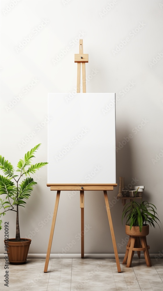 Poster a blank canvas on an easel mockup in a bright, minimalistic room. there are two potted plants beside