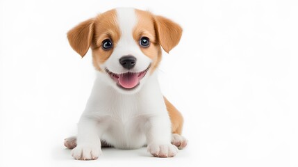 a cute puppy sitting down and looking directly at the camera. The puppy has a white face with a brown patch over one eye and brown ears. Its body is mostly white with some brown patches