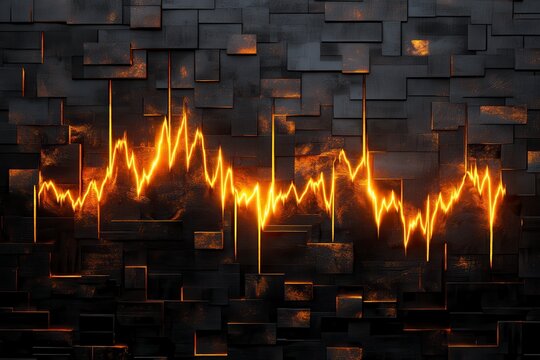 Audio Waveform, Bright orange audio wave on dark geometric background, Sound Visualization.