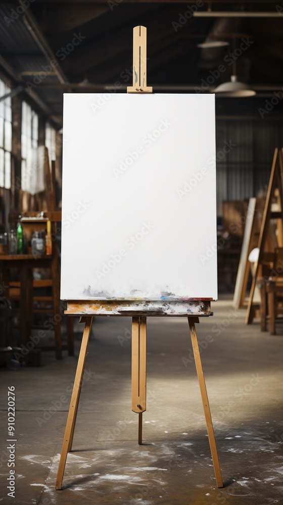 Poster a blank canvas on a wooden easel mockup in an artist's studio, surrounded by tools and materials. th