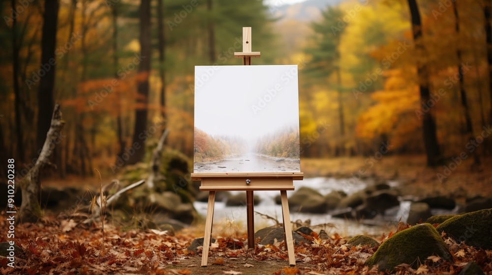 Poster a blank canvas on an easel mockup set in a serene autumn landscape. the background features a tranqu