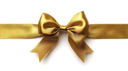 Elegant golden bow on a smooth ribbon on white background, perfect for gifts, decorations, or special occasions, adding a touch of luxury and charm.