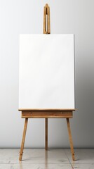 A blank canvas on a wooden easel mockup, set against a light gray wall. The easel has a simple design with a drawer at the bottom, and the floor is made of marble.