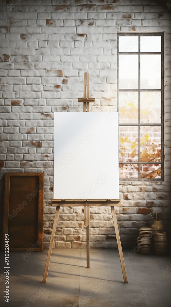 Poster a blank canvas on an easel mockup in a well-lit room with brick walls and a large window. the sunlig