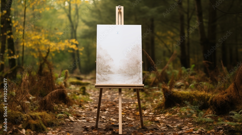 Poster an empty canvas on an easel mockup in a serene forest setting, surrounded by autumn foliage and a mi