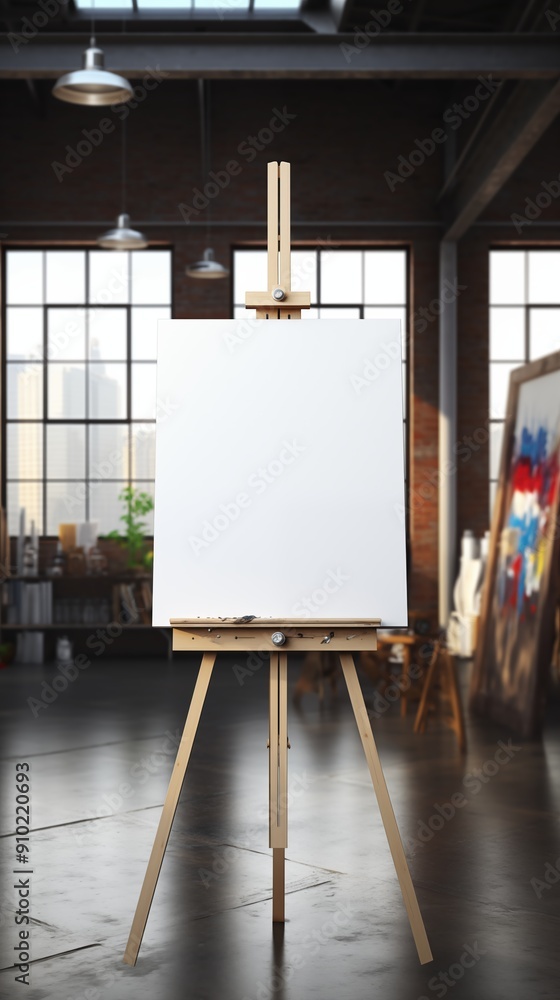 Poster a blank canvas on a wooden easel mockup in a spacious art studio with large windows. the studio has 