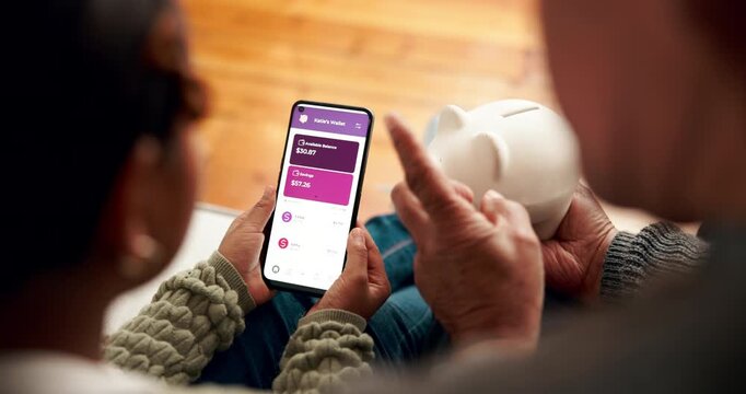 Grandparent, girl and piggy bank with smartphone in home on internet for saving tips and knowledge. People, family and discussion or teaching on sofa for budgeting or finance for child development - Powered by Adobe