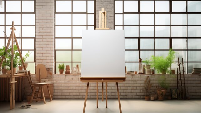 A bright and airy art studio featuring large windows, an empty canvas on an easel mockup, and various art supplies scattered around.