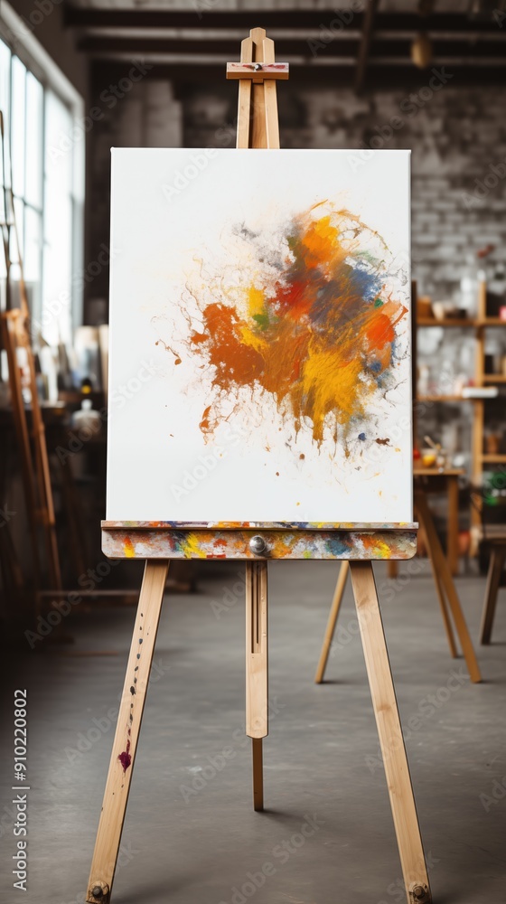 Poster an empty canvas on an easel mockup in an art studio, featuring colorful splashes of paint in orange,