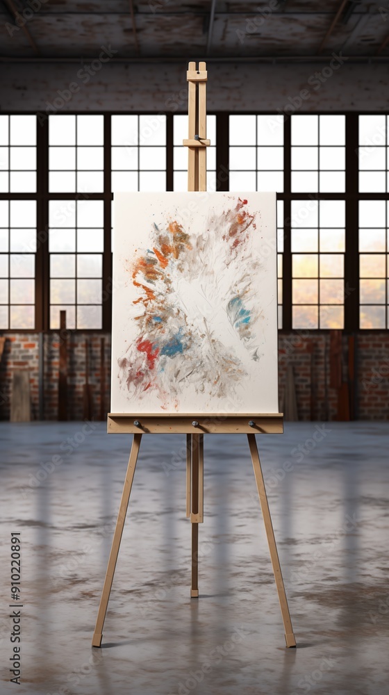 Poster a wooden easel mockup abstract painting with vibrant colors. the background features large windows a