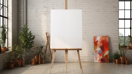 A bright and airy art studio featuring a blank canvas on an easel mockup. The background includes potted plants and a colorful abstract painting on the wall.