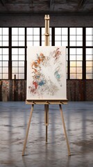 A wooden easel mockup abstract painting with vibrant colors. The background features large windows allowing natural light to illuminate the space, creating an artistic atmosphere.