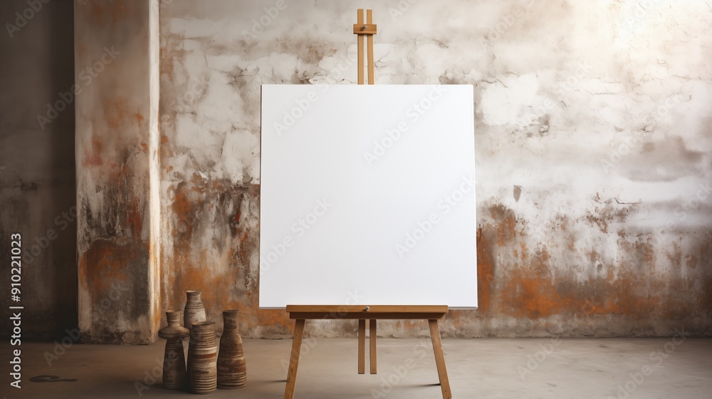 Poster a blank canvas on an easel mockup in an artistic studio setting, with a textured wall in the backgro