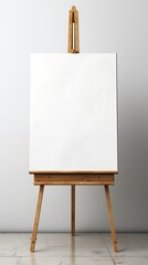 A blank canvas on a wooden easel mockup, set against a plain wall. The easel is simple and elegant, with a natural wood finish. The floor is made of marble, adding a touch 