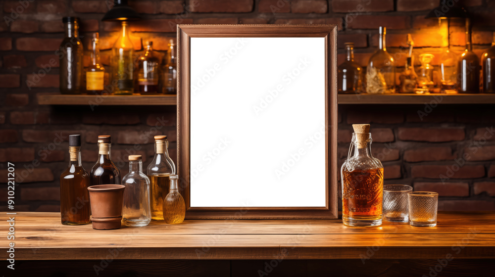 Poster framed picture canvas mockup in the bar. a rustic wooden bar with various bottles of spirits and a b