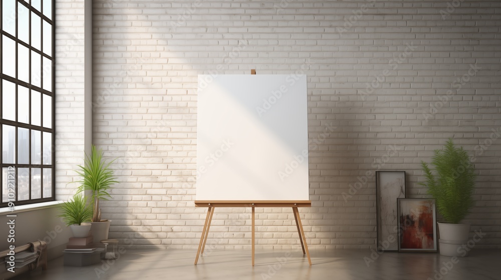 Poster a blank canvas on an easel mockup in a bright, modern studio with large windows. the space features 