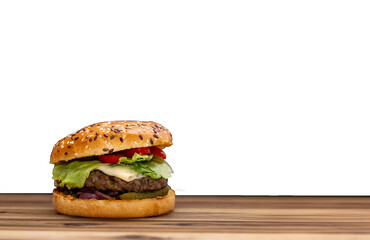 classic burger with beef patty on wooden board on transparent background 