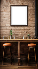 A cozy kitchen bar area featuring two wooden stools with orange cushions. The bar is against a rustic brick wall, adorned with small potted plants and metallic kitchenware