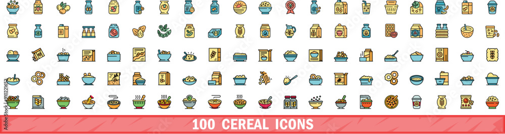 Poster 100 cereal icons set. color line set of cereal vector icons thin line color flat on white
