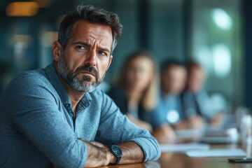 Fototapeta premium Disheartened Middle-Aged Man at Team Meeting, Reflecting Feelings of Unappreciation and Defeat