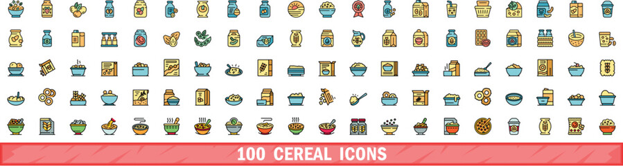 100 cereal icons set. Color line set of cereal vector icons thin line color flat on white
