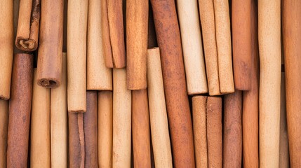 a close-up view of several cinnamon sticks arranged vertically. The sticks vary slightly in color, ranging from light brown to a darker reddish-brown. They are tightly packed together, creating a text