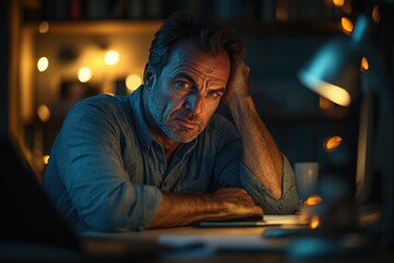 Lonely Middle-Aged Man Feeling Dejected While Working Overtime in Dimly Lit Office