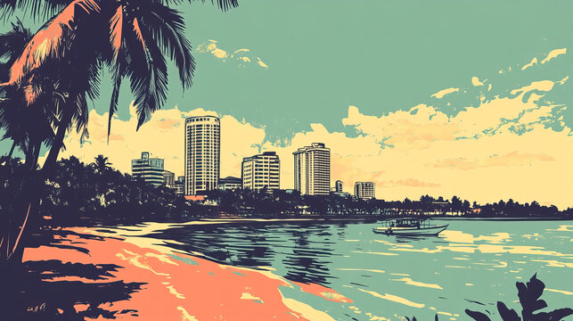 Risograph retro riso print travel poster, card, wallpaper or banner illustration, modern, isolated, clear, simple of Davao City, Philippines. Artistic, screen printing, stencil