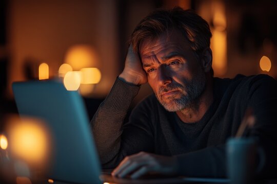 Dejected Middle-Aged Man Working Late in Dimly Lit Office Lamenting Overload and Stress