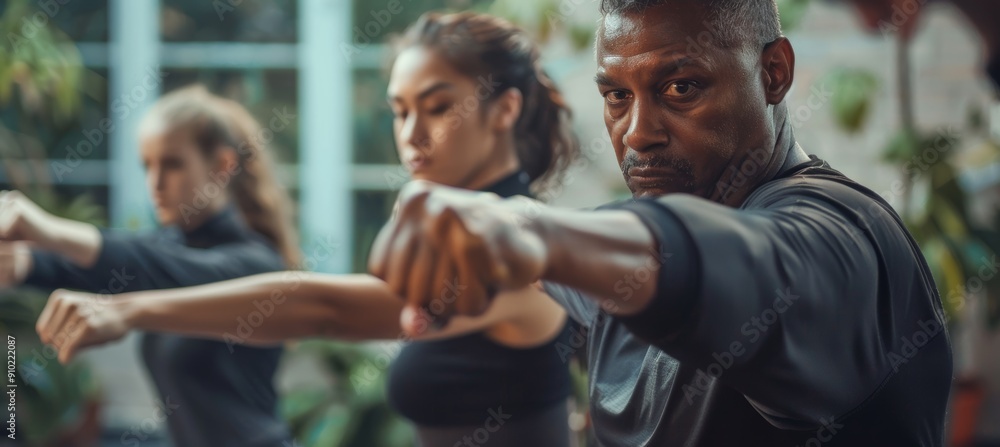 Poster self-defense class with instructor guiding group visualization techniques in a calm and focused atmo