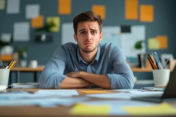 Fototapeta premium Overwhelmed Male Employee Facing Multiple Demanding Tasks in Office Environment