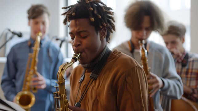 Students Practicing Jazz Improvisation in Music School Class with Instructor Guidance