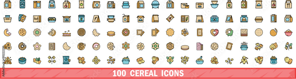 Poster 100 cereal icons set. color line set of cereal vector icons thin line color flat on white