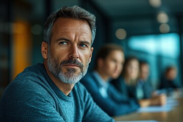 Fototapeta premium Defeated Middle-Aged Man in Team Meeting Expresses Feeling of Undervaluation