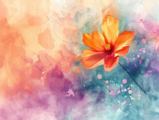 A watercolor illustration of an orange flower standing out against a blurred, colorful background of pinks, blues, and purples, creating a dreamy and artistic scene