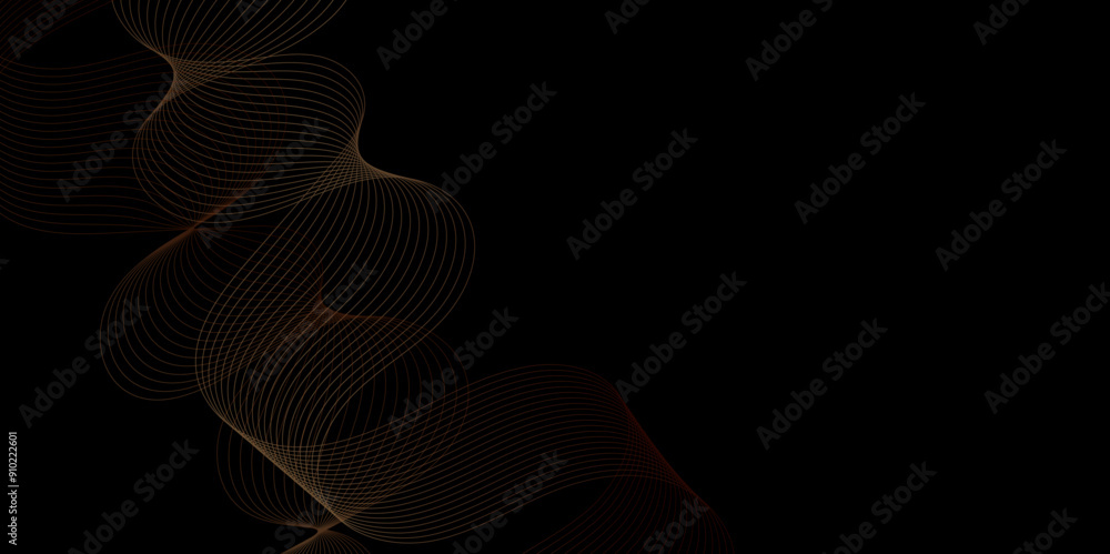 Poster Abstract golden particles wave line on dark black background. Digital glowing futuristic technology concept abstract background. Dynamic waves use for business modern concept, vector illustration.