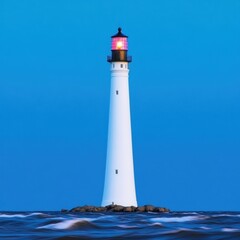 Majestic lighthouse illuminates the ocean at dusk