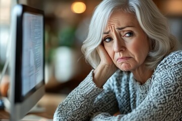 Senior woman staring sadly at her computer screen, feeling overwhelmed