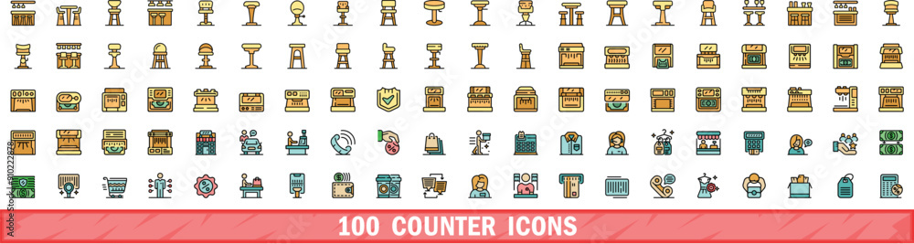 Poster 100 counter icons set. color line set of counter vector icons thin line color flat on white