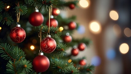 Fototapeta premium Close up of balls on Christmas tree. Bokeh garlands in the background. New Year concept.