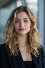 Fototapeta premium Portrait of a confident young businesswoman with blonde hair, wearing a black blazer, standing in a modern office with large windows.