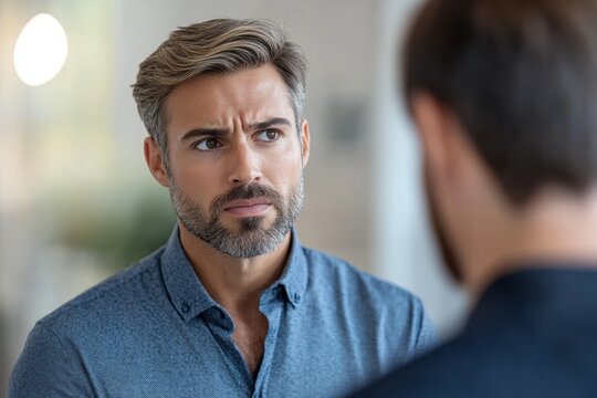 Stressed Male Employee Facing Demanding Client in Office Conflict