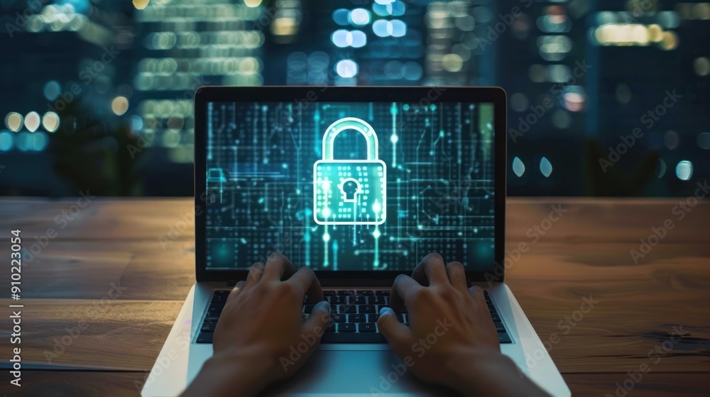 Poster . person using a laptop with a digital padlock unlocking.