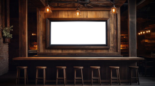 TV screen mockup. A rustic bar setting with wooden walls and a long wooden counter. The bar features several wooden stools and a large empty TV mockup on the wall